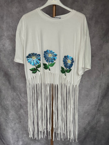 Camiseta flecos flor lentejuelas
