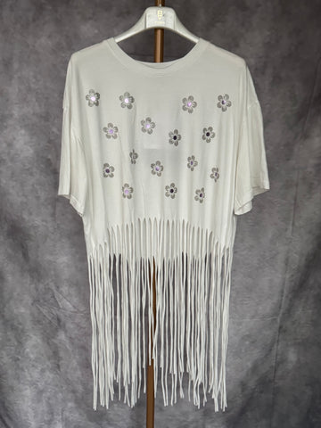 Camiseta flecos margaritas lilas