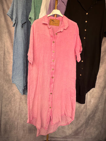 Vestido camisero algodón lavado rosa