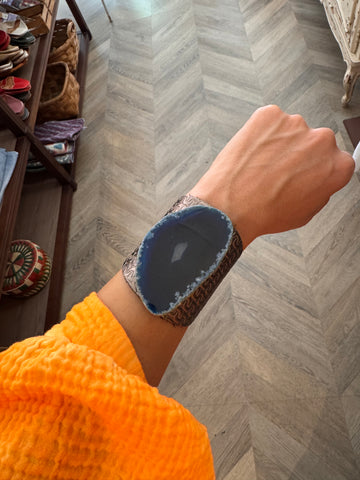 Brazalete Cadena Plata Ágata Azul