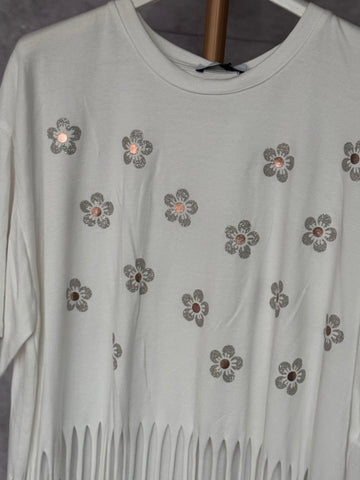Camiseta flecos margaritas doradas