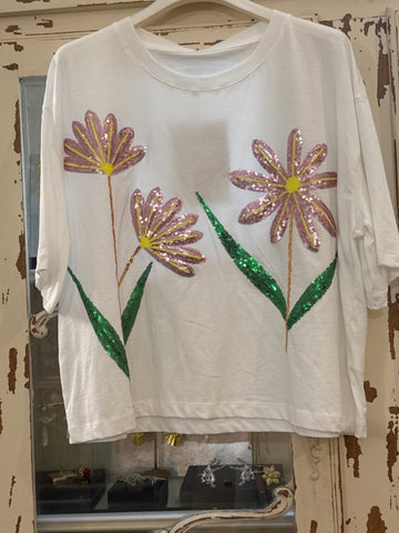 Camiseta flores lentejuelas